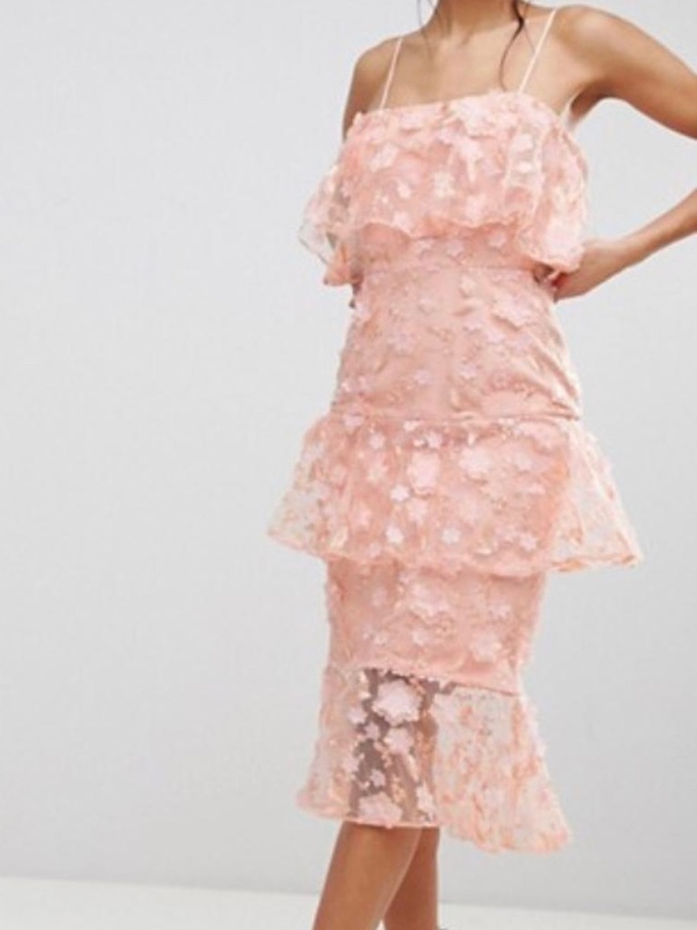 ASOS Blush Pink Floral Lace Tiered Midi Dress